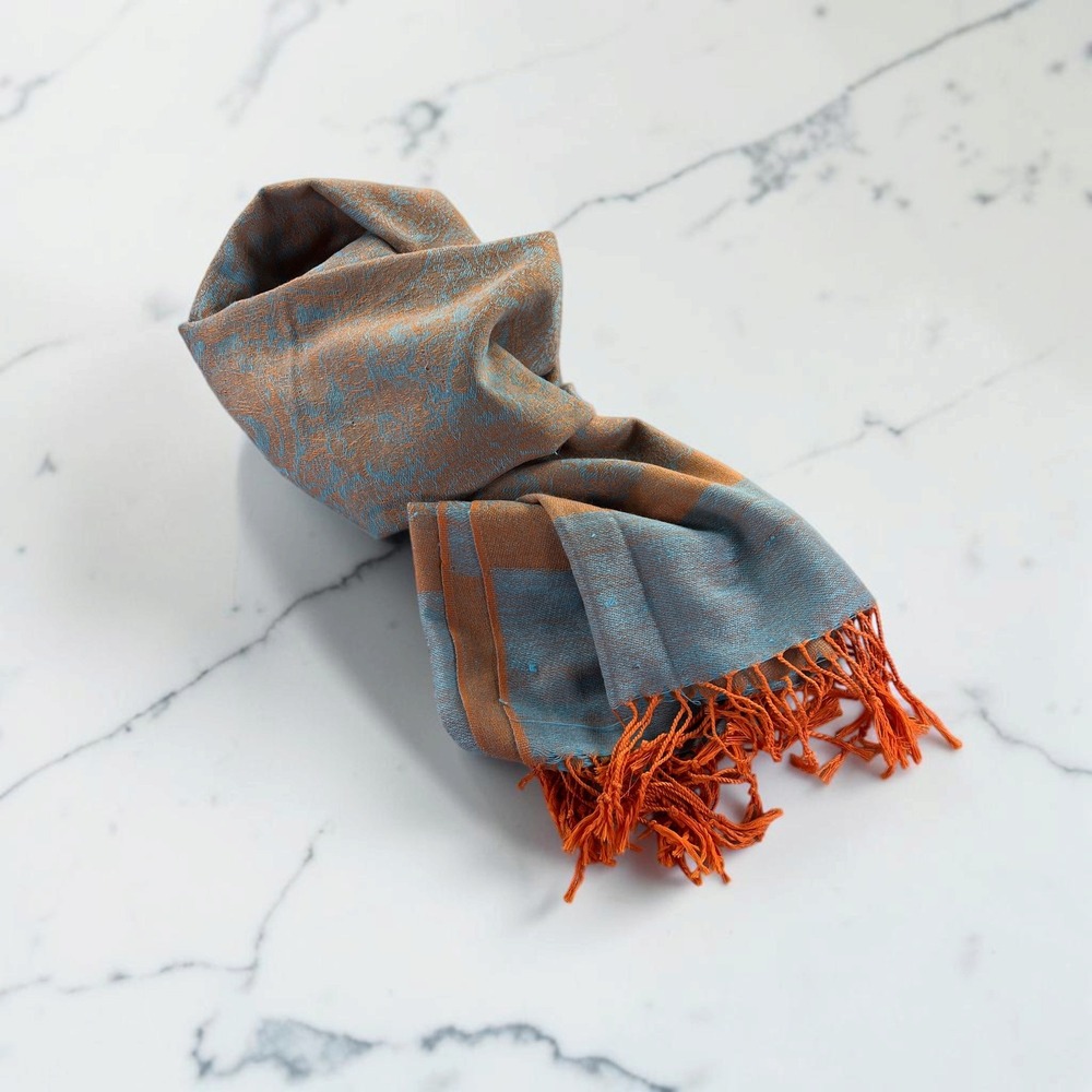 Pashmina Shawl Scarf OS Orange Blue Paisley Silk Blend Fringe Wrap Vibrant Boho